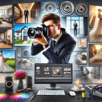 Photographe travaillant devant ordinateurs et photos affichées.