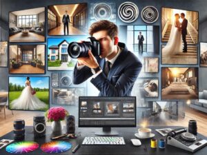 Photographe travaillant devant ordinateurs et photos affichées.