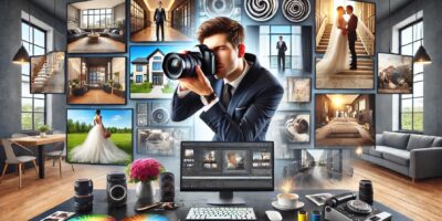 Photographe travaillant devant ordinateurs et photos affichées.