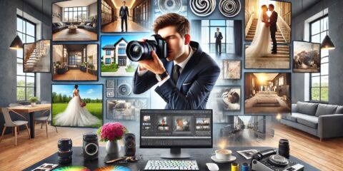 Photographe travaillant devant ordinateurs et photos affichées.