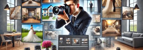 Photographe travaillant devant ordinateurs et photos affichées.