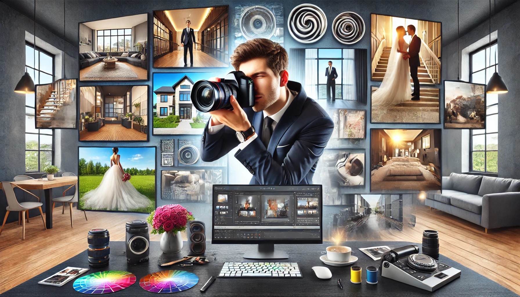 Photographe travaillant devant ordinateurs et photos affichées.