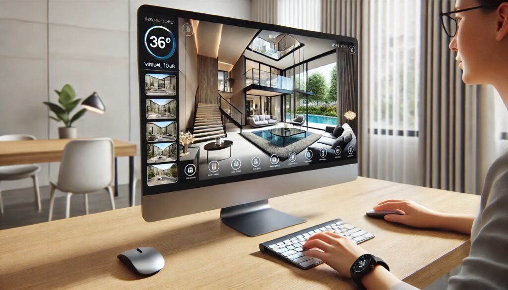 Visite virtuelle sur ordinateur, intérieur moderne visible.