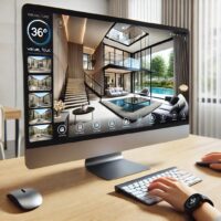 Visite virtuelle sur ordinateur, intérieur moderne visible.