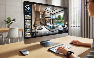 Visite virtuelle sur ordinateur, intérieur moderne visible.