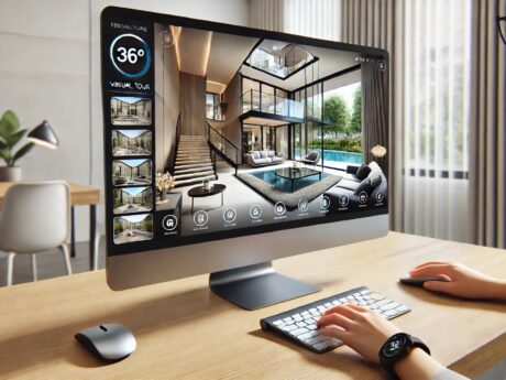 Visite virtuelle sur ordinateur, intérieur moderne visible.