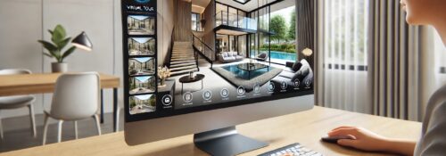 Visite virtuelle sur ordinateur, intérieur moderne visible.