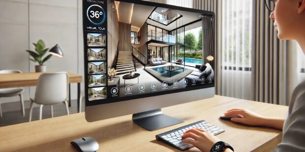 Visite virtuelle sur ordinateur, intérieur moderne visible.