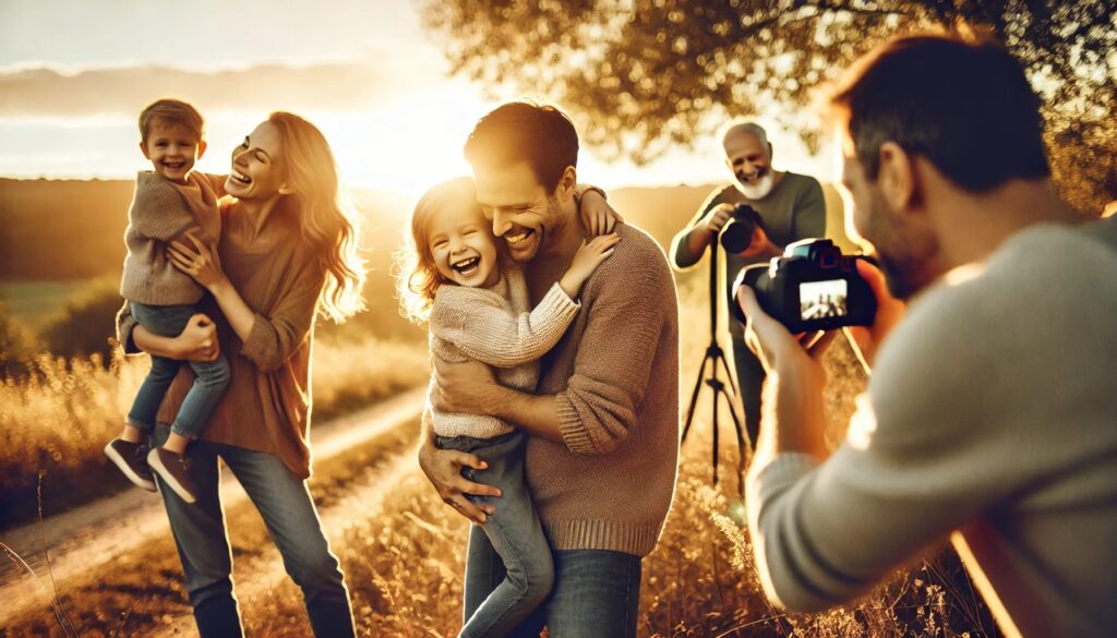 Famille heureuse photographiée au coucher du soleil.