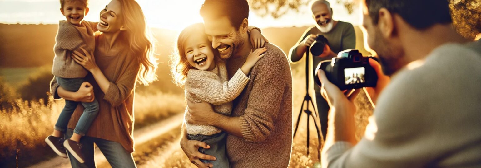 Famille heureuse photographiée au coucher du soleil.