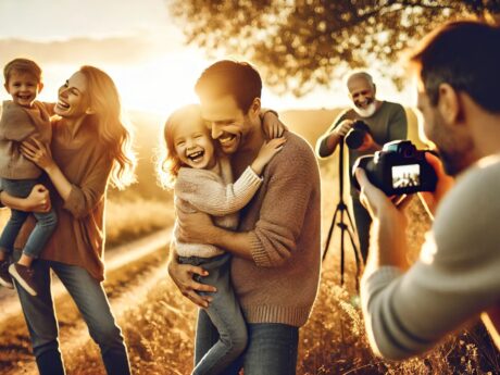 Famille heureuse photographiée au coucher du soleil.