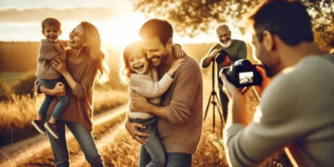 Famille heureuse photographiée au coucher du soleil.