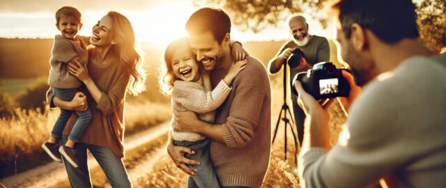 Famille heureuse photographiée au coucher du soleil.