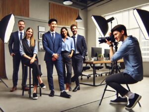 Photographe capturant cinq professionnels élégants.