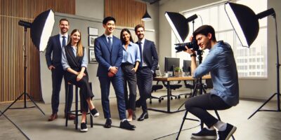 Photographe capturant cinq professionnels élégants.