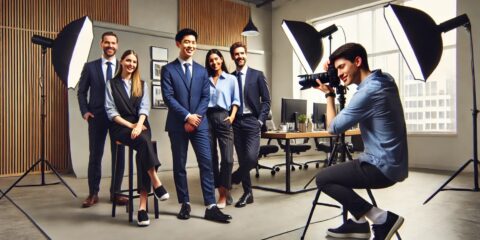 Photographe capturant cinq professionnels élégants.