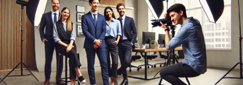 Photographe capturant cinq professionnels élégants.