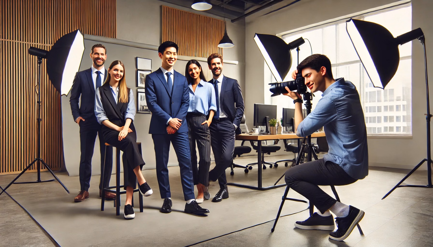 Photographe capturant cinq professionnels élégants.