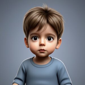 Illustration d'un enfant avec grands yeux et cheveux bruns.