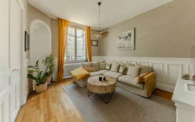 Séjour lumineux appartement Nancy Airbnb – canapé, table basse, lumière naturelle
