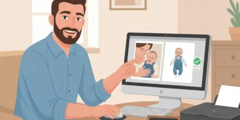 Photographe à domicile à Nancy effectuant la retouche et la validation biométrique d'une photo d'identité pour un nourrisson.