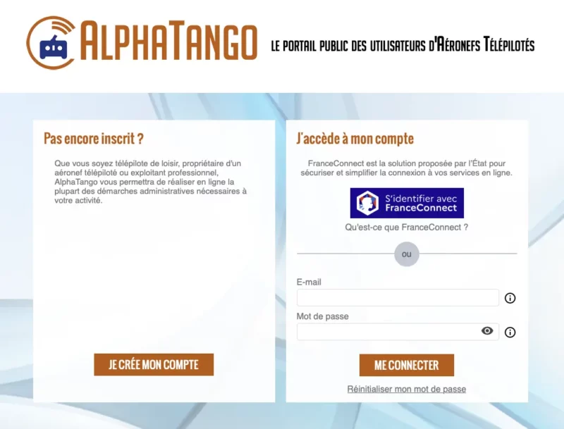Interface de connexion au portail AlphaTango pour télépilotes.