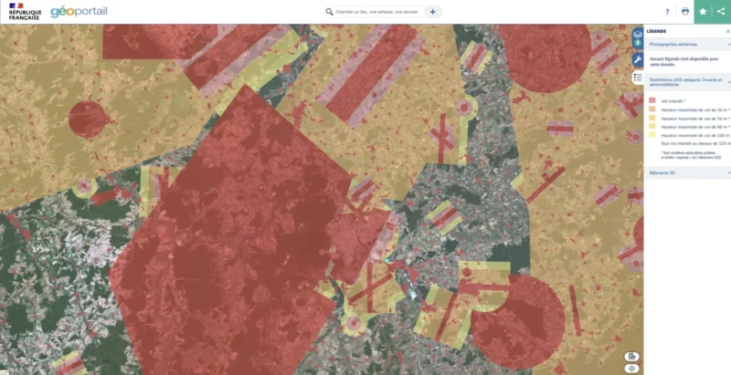 Carte Géoportail montrant les restrictions de vol pour drones.