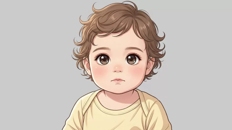 Illustration de style anime d'un bébé aux grands yeux.