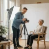 Photographe professionnel prend un portrait d'une femme âgée.