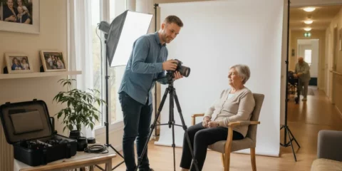 Photographe professionnel prend un portrait d'une femme âgée.
