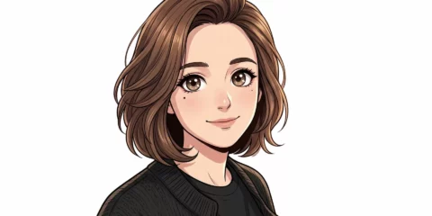 Illustration de style anime d'une jeune femme souriante.