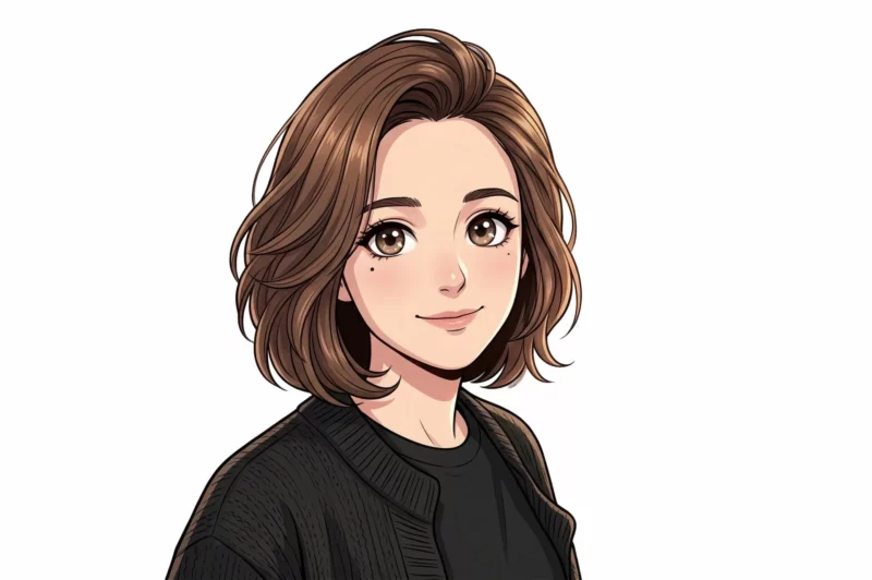 Illustration de style anime d'une jeune femme souriante.