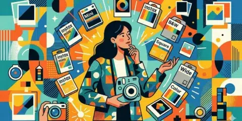 Illustration colorée d'une femme avec un appareil photo instantané.