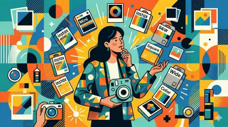 Illustration colorée d'une femme avec un appareil photo instantané.
