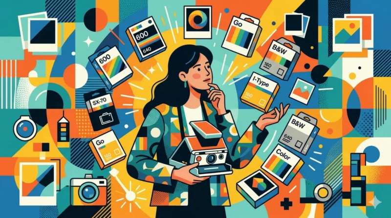 Femme tenant un appareil photo instantané parmi des pellicules colorées.