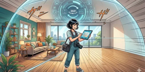 Femme utilisant une tablette pour meubler virtuellement une pièce.