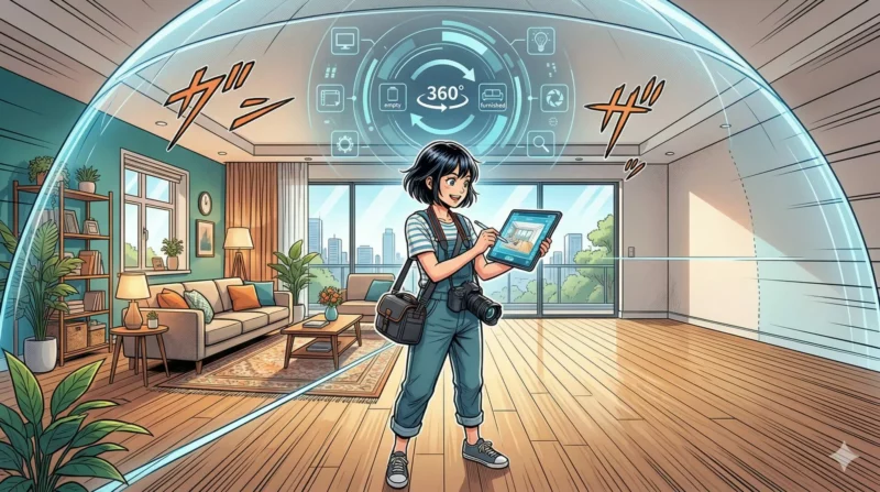 Femme utilisant une tablette pour meubler virtuellement une pièce.