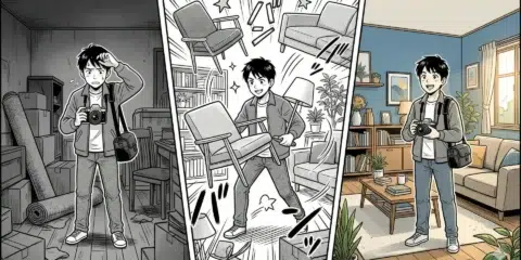 Bande dessinée d'un homme transformant une pièce en désordre.