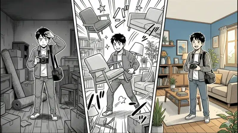 Bande dessinée d'un homme transformant une pièce en désordre.