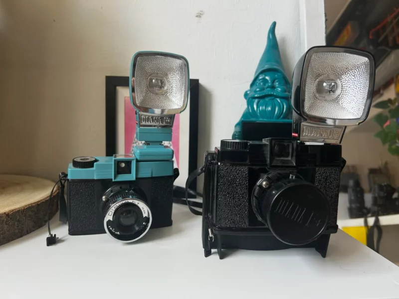 Deux appareils photo Diana F+ rétro avec flashs externes.