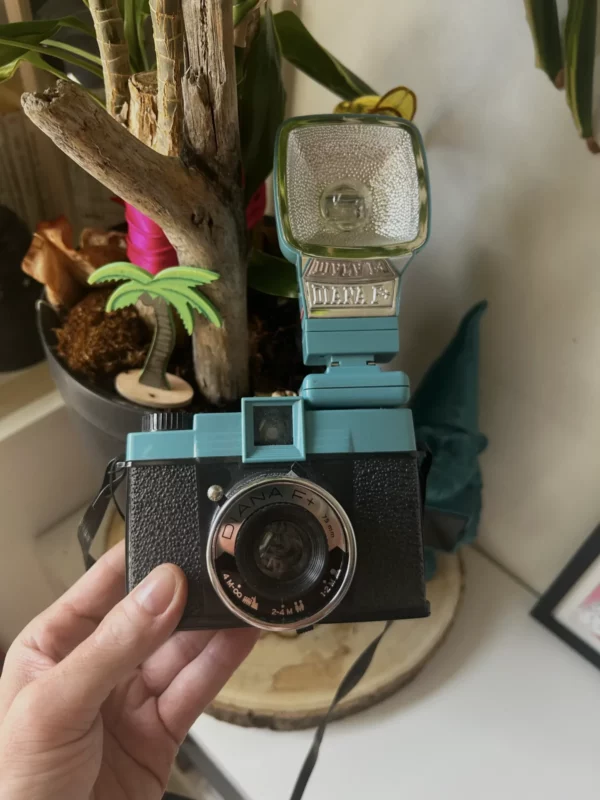 Appareil photo argentique Diana F+ bleu et noir avec flash.