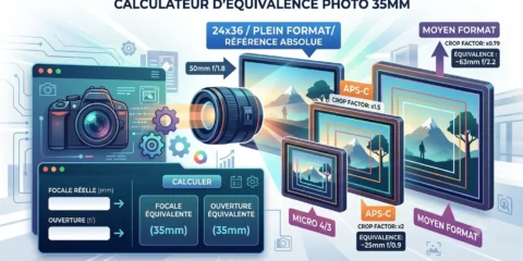 Infographie d'un calculateur d'équivalence de focale photo 35mm.
