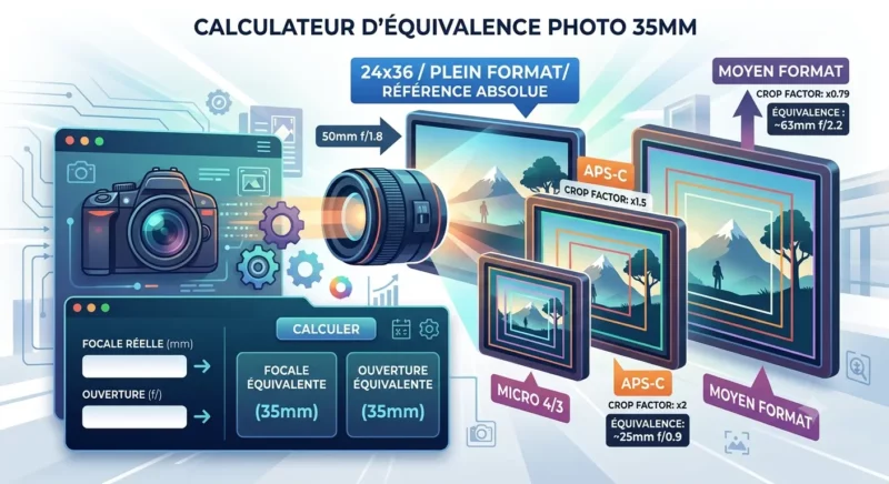 Infographie d'un calculateur d'équivalence de focale photo 35mm.
