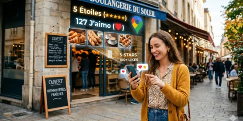 Femme utilisant son smartphone devant une boulangerie avec avis numériques.