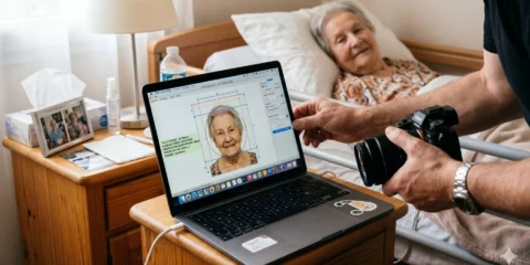 Photographe créant une photo d'identité pour une dame âgée.