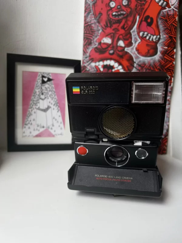 Appareil photo Polaroid SLR 680 vintage devant des illustrations.