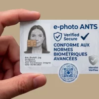 Main tenant une carte d'identité biométrique e-photo ANTS.