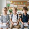 Trois enfants tenant des photos lors de la rentrée scolaire.