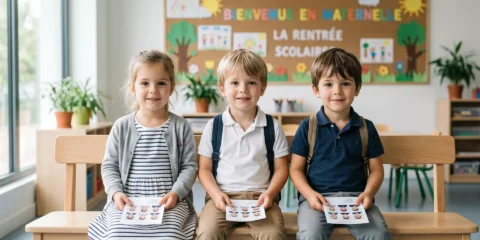 Trois enfants tenant des photos lors de la rentrée scolaire.