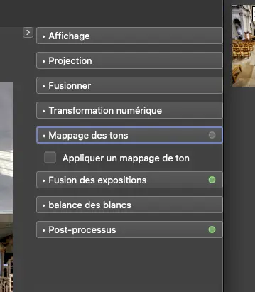 Menu latéral d'un logiciel de retouche photo avec options.